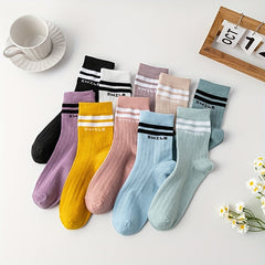 10 Pairs Letter Print Striped Socks Mid Tube Women's Stockings