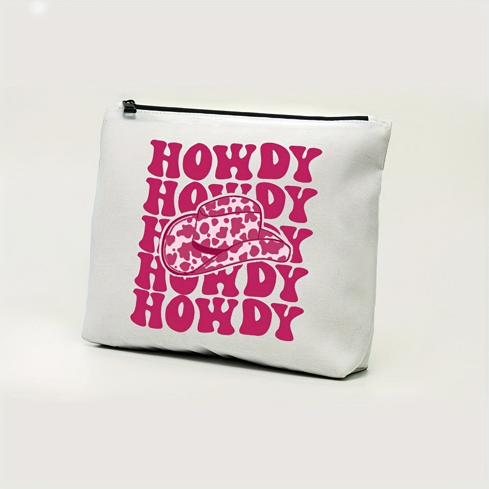 Hot Pink Vintage Western Cow Print Cowboy Hat Cosmetic Bag