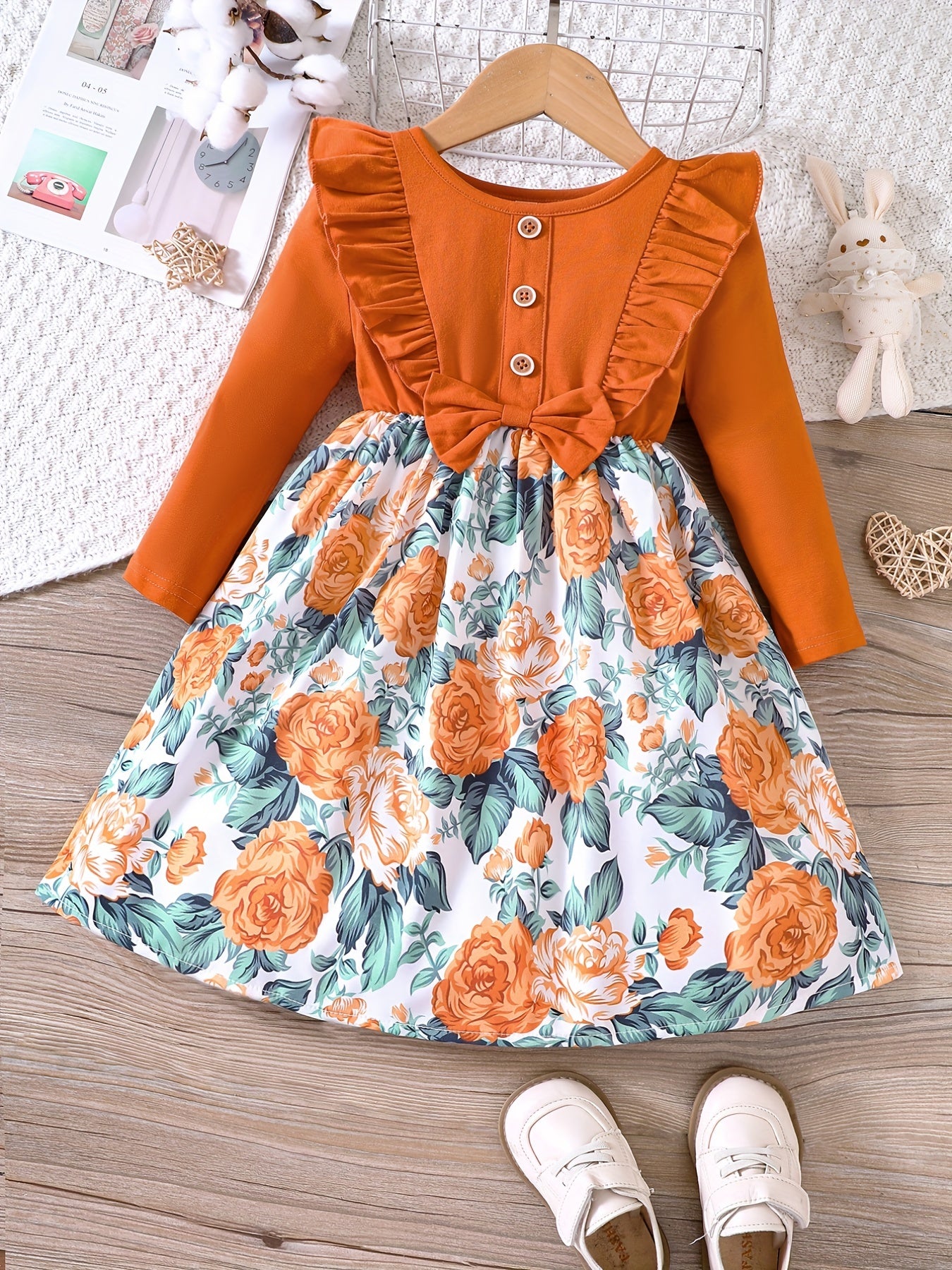 Girls' Floral Print Crewneck Long Sleeve Casual Dress