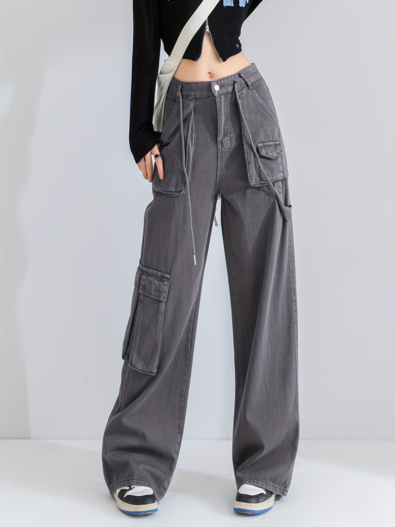 Grey Cargo Pants Loose Fit High Waist Straight Jeans