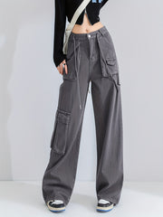 Grey Cargo Pants Loose Fit High Waist Straight Jeans