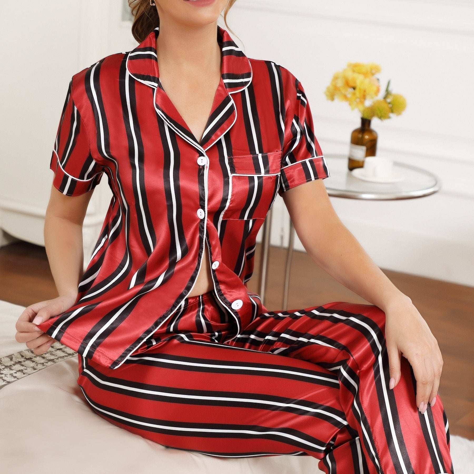 Striped Pajama Set Short Sleeve Button Up Top & Pants Women's Sleepwear