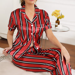 Striped Pajama Set Short Sleeve Button Up Top & Pants Women's Sleepwear