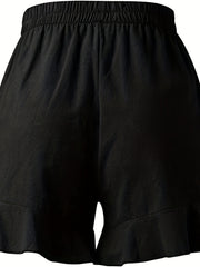 Solid Ruffle Trim High Rise Elastic Drawstring Loose Shorts