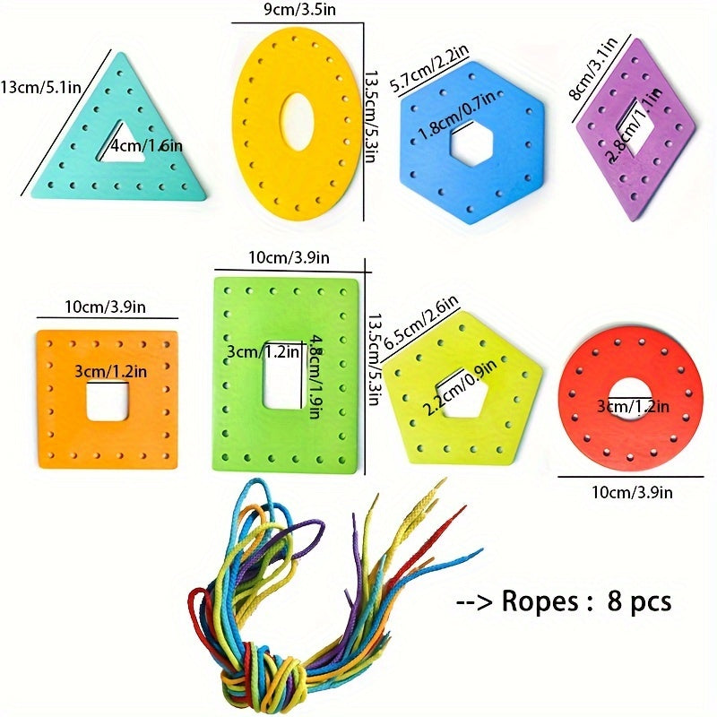 Educational Wooden Threading Toy Set Geometric Shape Colorful Lacing Boards