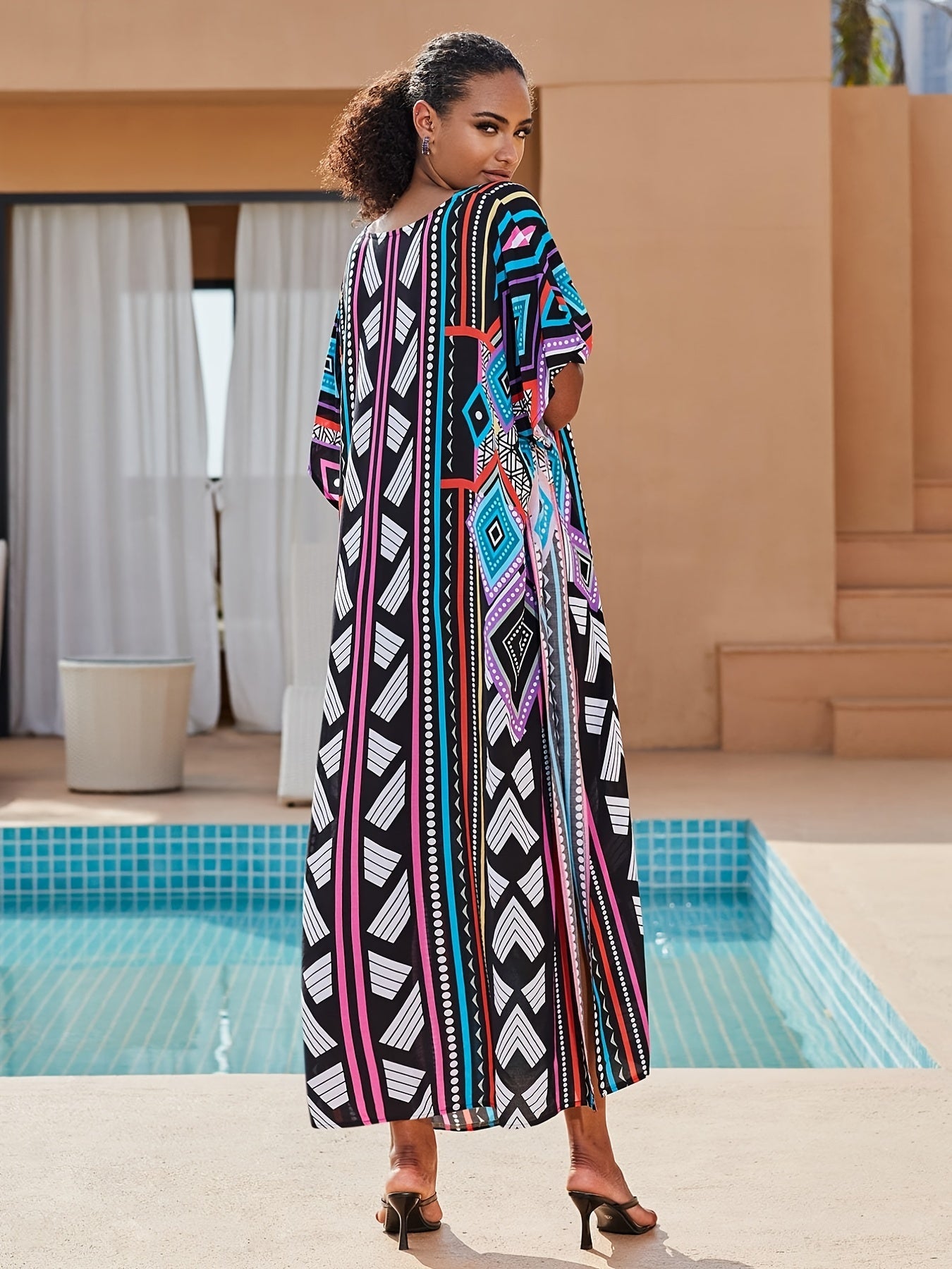 Boho Kaftan Dress Women's Plus Geo Print V Neck Maxi Beach Dress