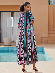 Boho Kaftan Dress Women's Plus Geo Print V Neck Maxi Beach Dress
