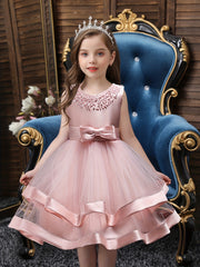 Girls Sleeveless Puffy Princess Dress Beaded Bow Tulle Tutu Dress