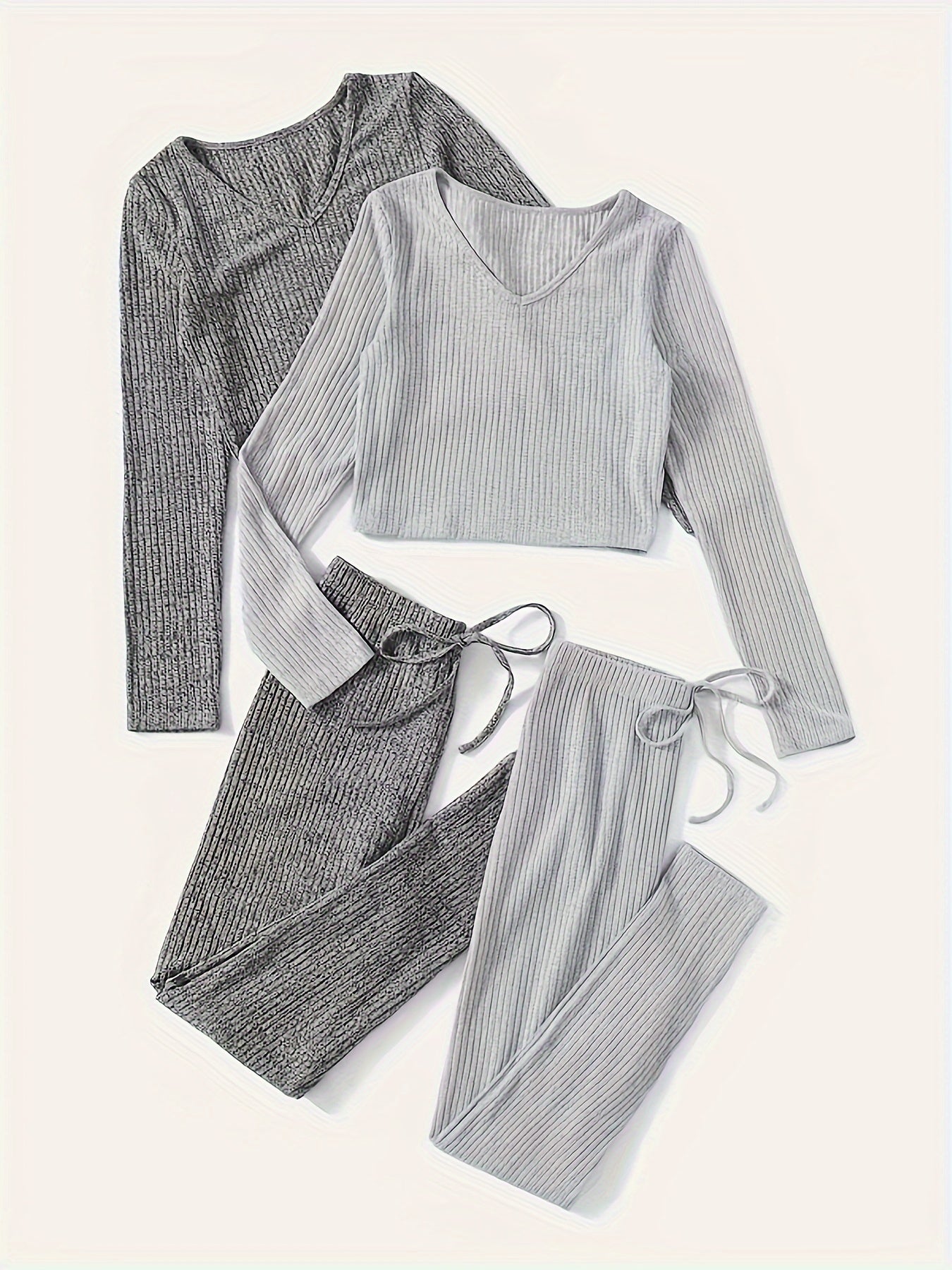 Solid Ribbed Lounge Set V Neck Top & Elastic Waistband Pants