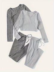 Solid Ribbed Lounge Set V Neck Top & Elastic Waistband Pants