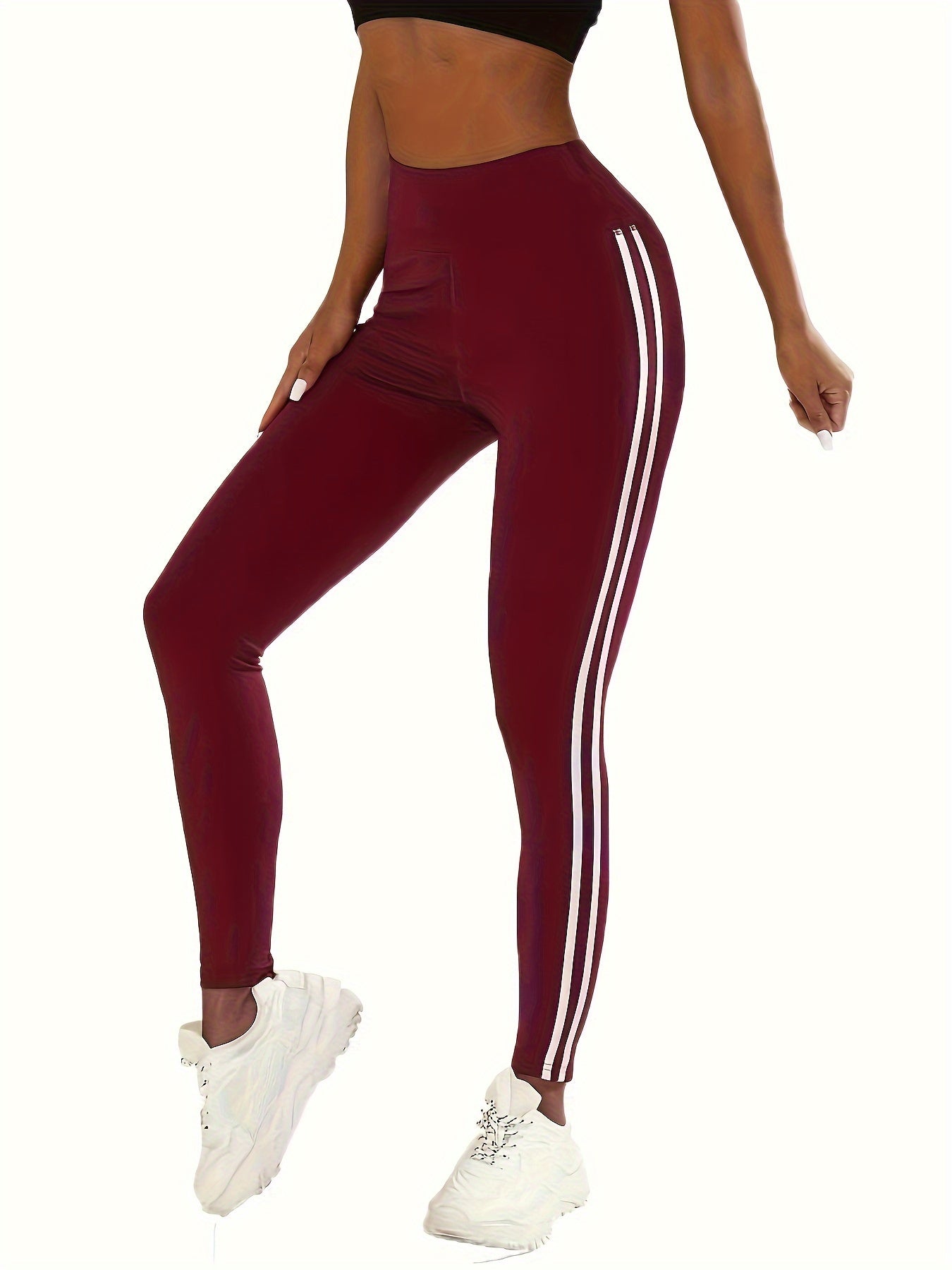 High Waist Sports Leggings with Striped Side - Women's Activewear