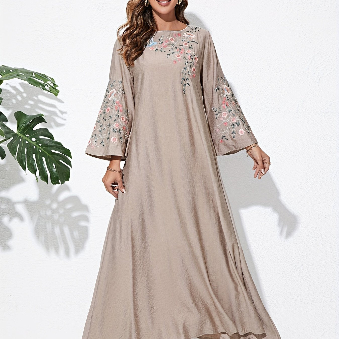 Floral Embroidered Maxi Dress with Flare Sleeves