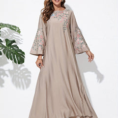 Floral Embroidered Maxi Dress with Flare Sleeves