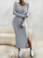 Solid Ribbed Lounge Dress Soft & Comfy Long Sleeve Side Split Home Dress