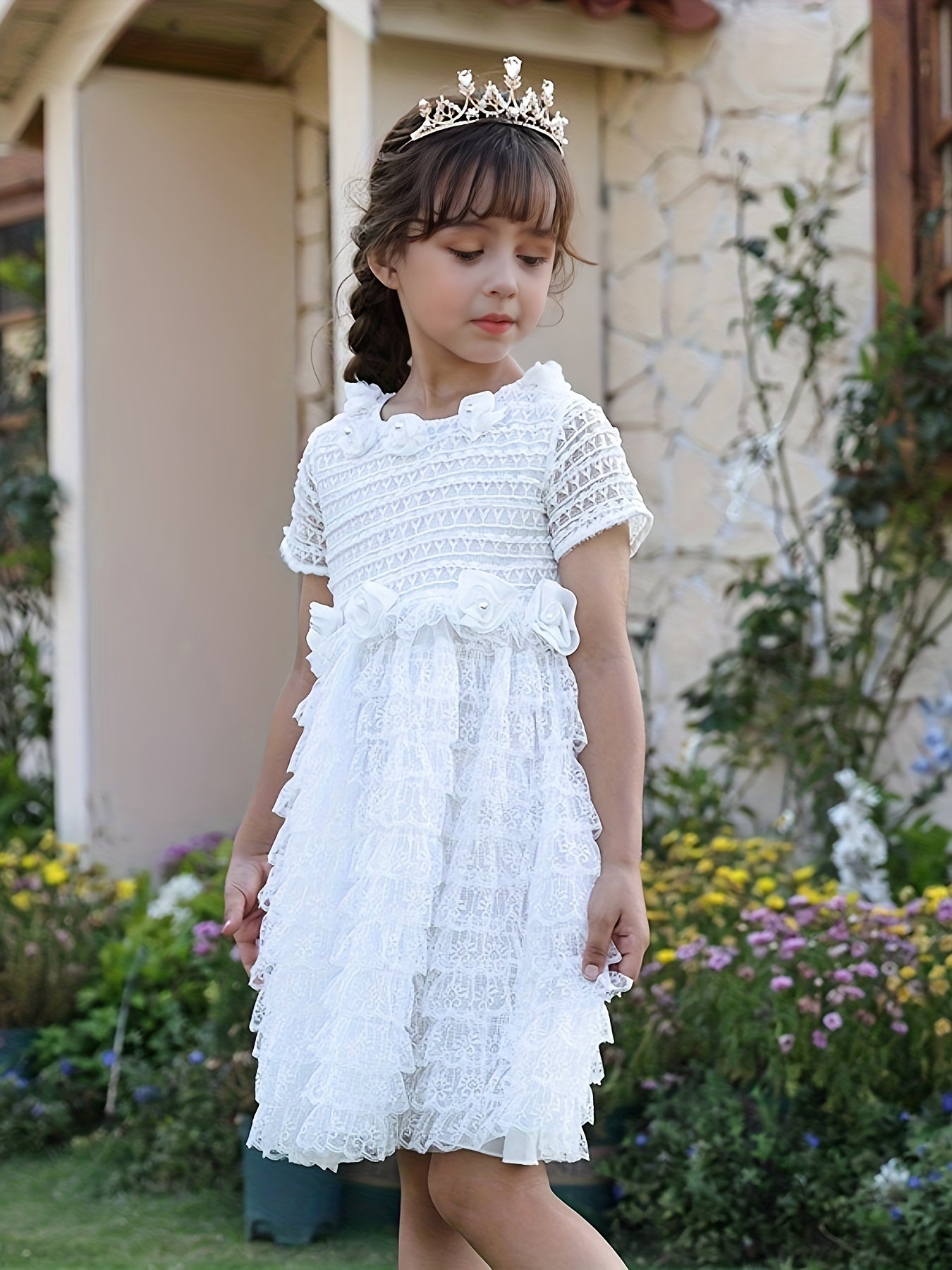 Girl's Lace Dress With Rose Appliques Grace Dress For Wedding