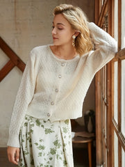 Solid Button Front Knit Cardigan Casual Crew Neck Long Sleeve Sweater