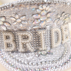 Bright Glitter Bride Hat Rhinestone Faux Pearl Sequin Captain Hat
