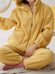 Women's Teddy Bear Plush Pajamas Soft & Warm Hooded Zip Up Top & Pants