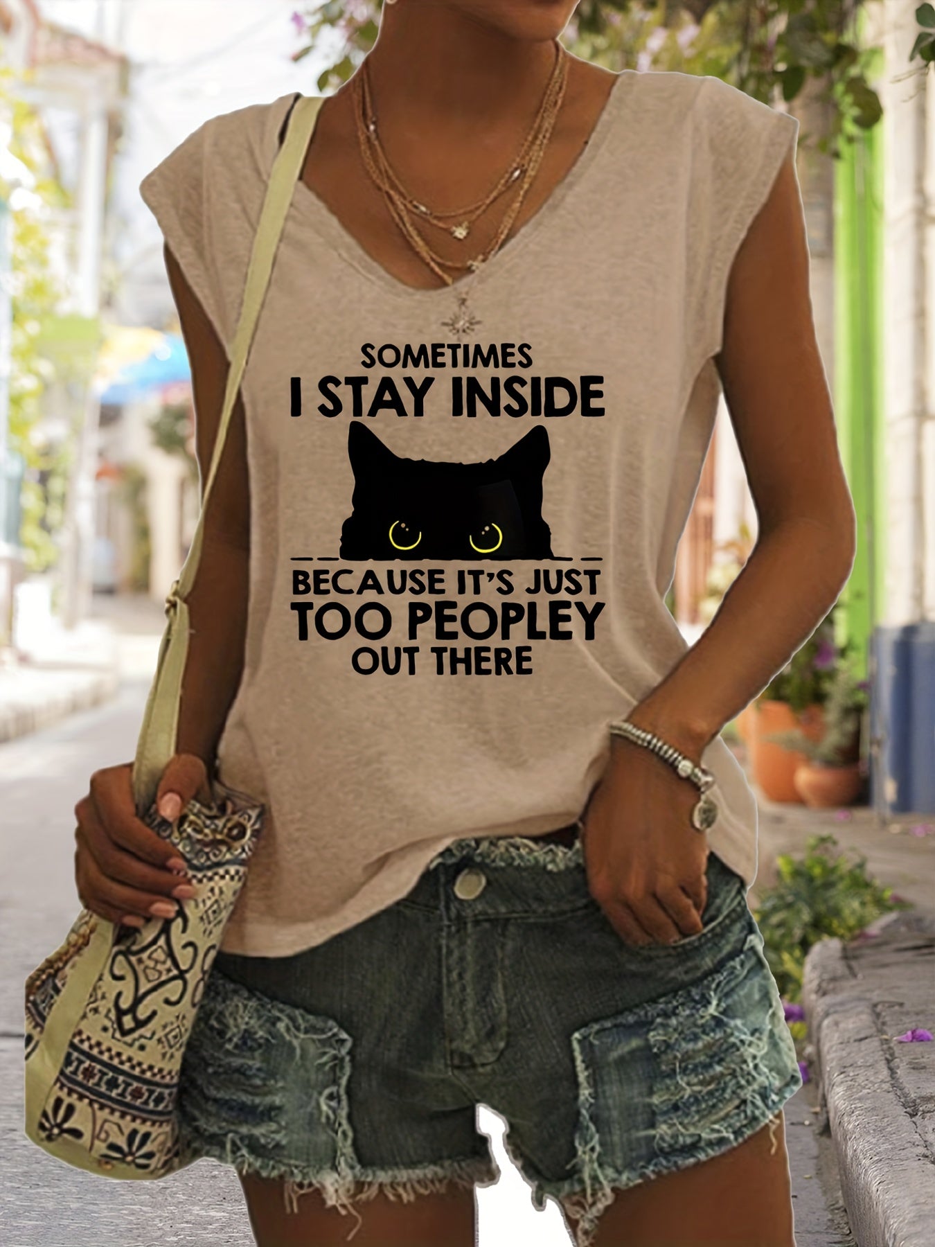 Cartoon Cat Print Tank Top V Neck Casual Top for Women