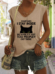 Cartoon Cat Print Tank Top V Neck Casual Top for Women
