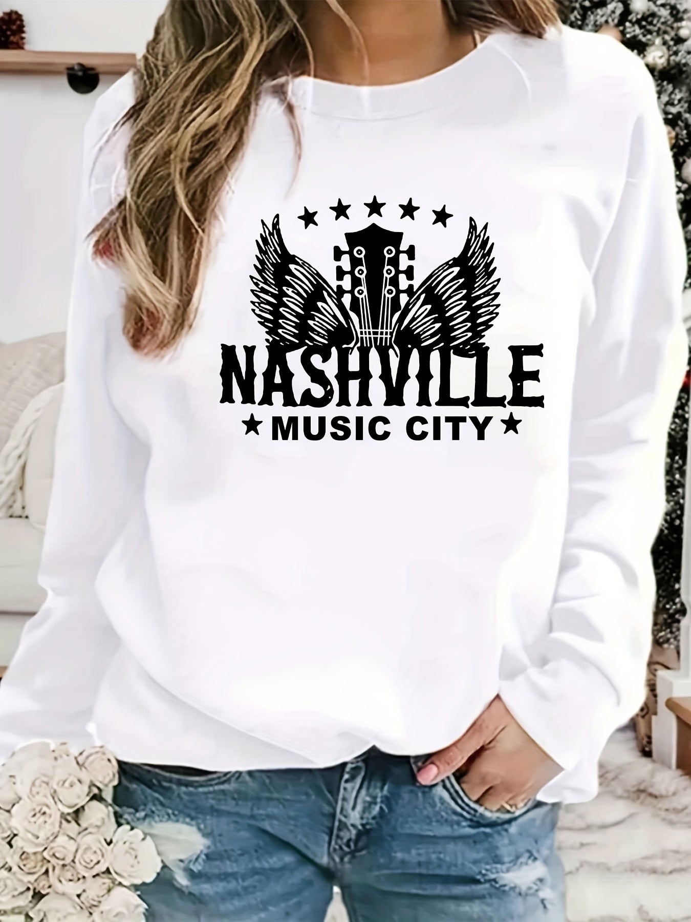 Nashville Music City Print Sweatshirt Long Sleeve Crew Neck