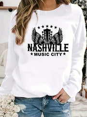 Nashville Music City Print Sweatshirt Long Sleeve Crew Neck