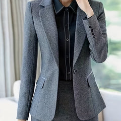 Solid Button Front Blazer Lapel Long Sleeve Blazer For Office & Work