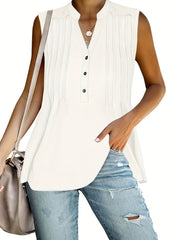 V Neck Tank Top Button Front Sleeveless Solid Summer Top