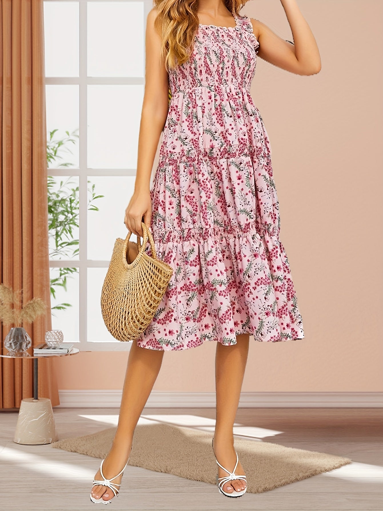 Floral Print Shirred Tank Dress for Spring & Summer