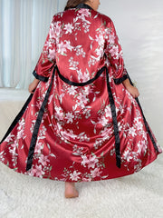 Satin Floral Print Robe Long Sleeve Belted Nightgown