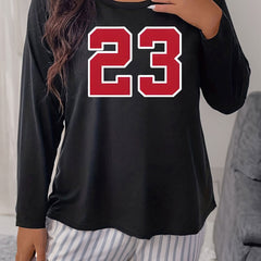 Women's Plus Size Number Graphic Long Sleeve Round Neck T-shirt