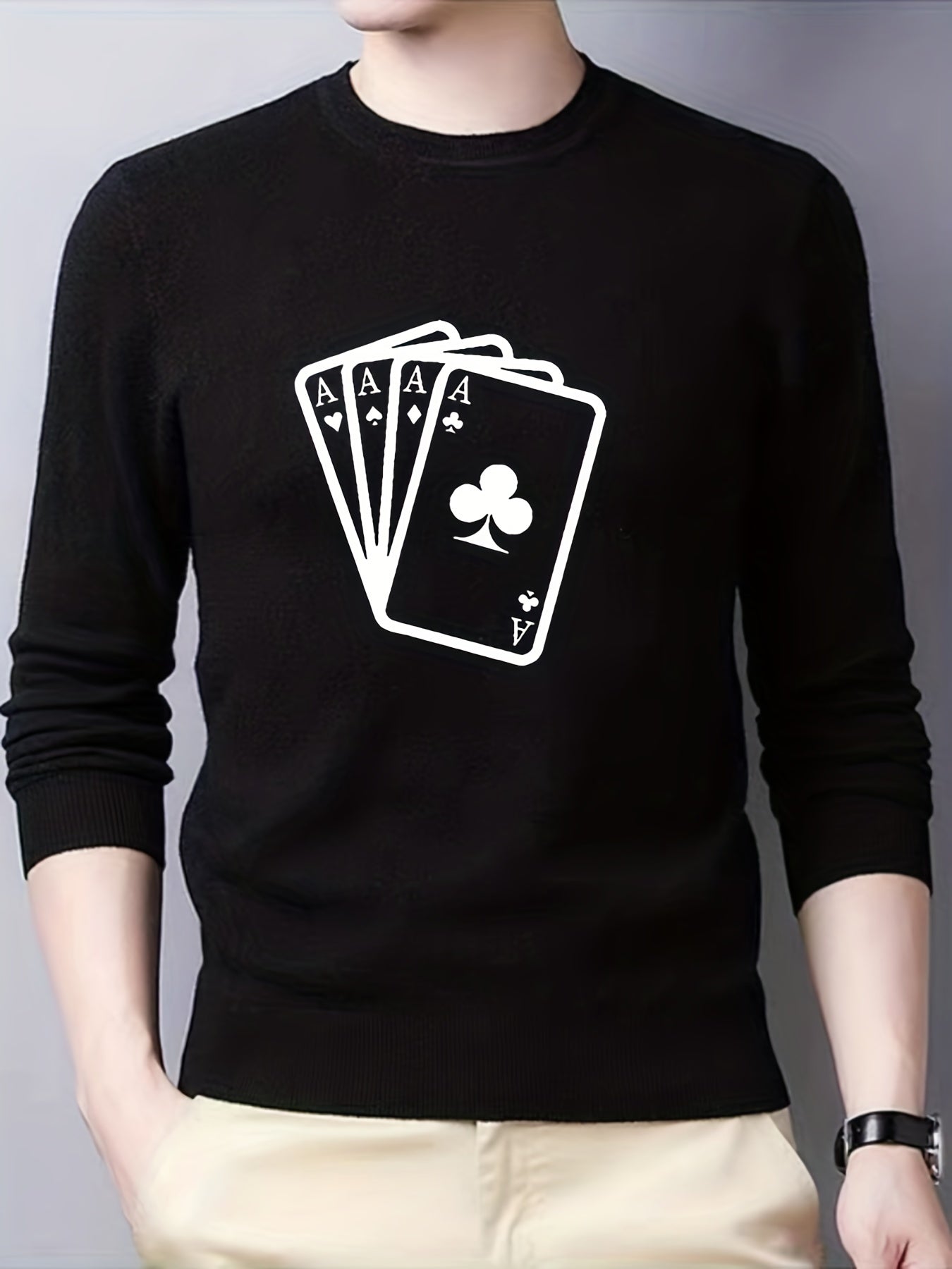 Poker Cards Print Crew Neck Pullover Sweater for Men