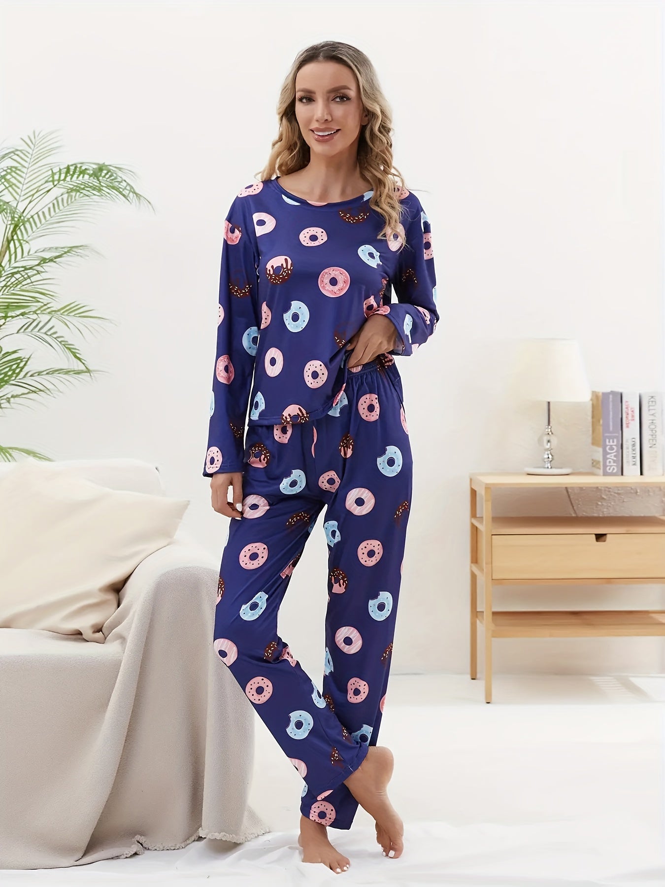 Donut Print Pajama Set Crew Neck Top & Pants Women's Sleepwear