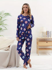 Donut Print Pajama Set Crew Neck Top & Pants Women's Sleepwear