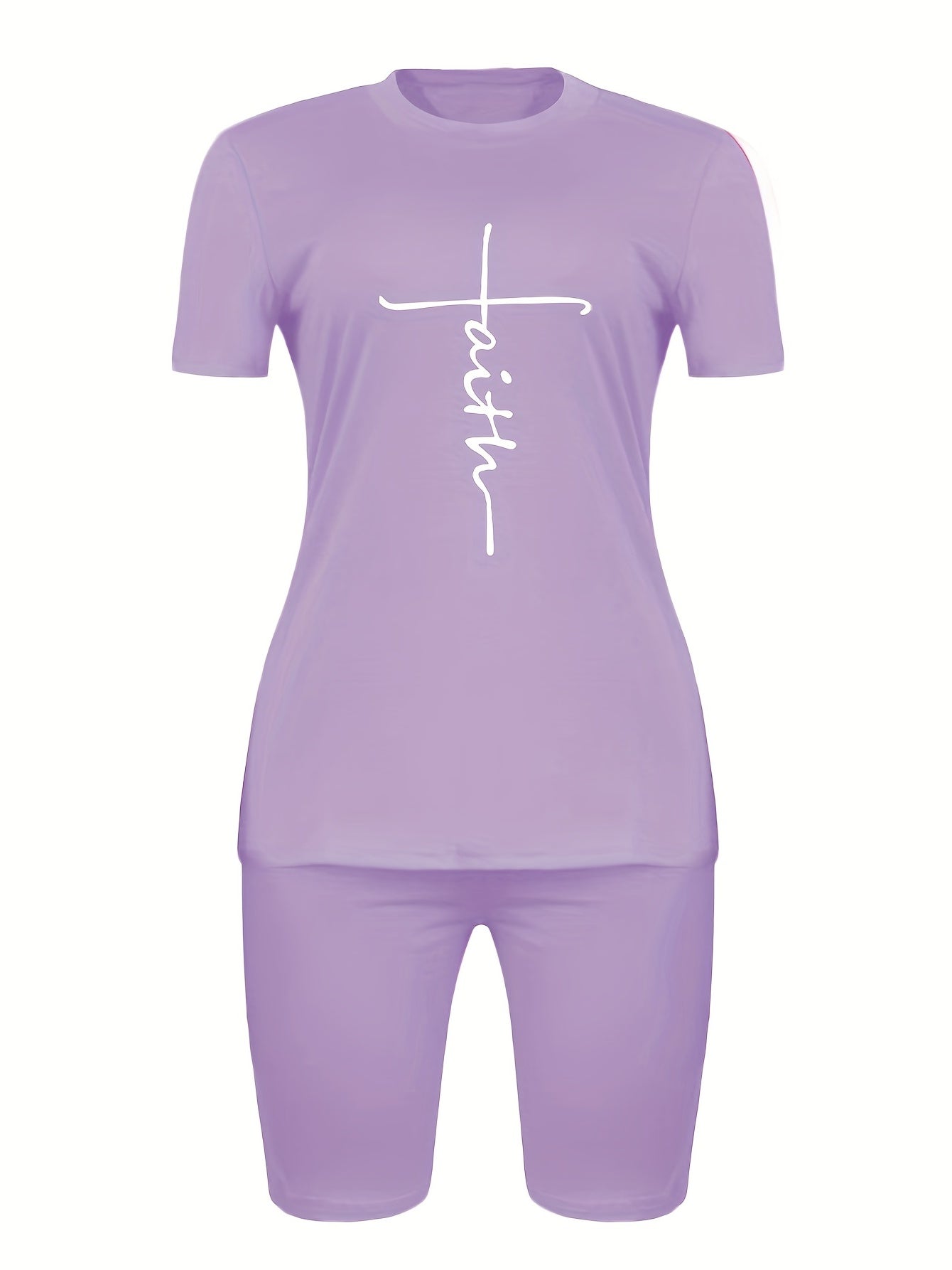 Faith Letter Print Tee & Biker Shorts Set Casual Spring Summer Outfit