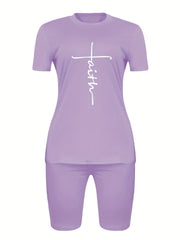 Faith Letter Print Tee & Biker Shorts Set Casual Spring Summer Outfit