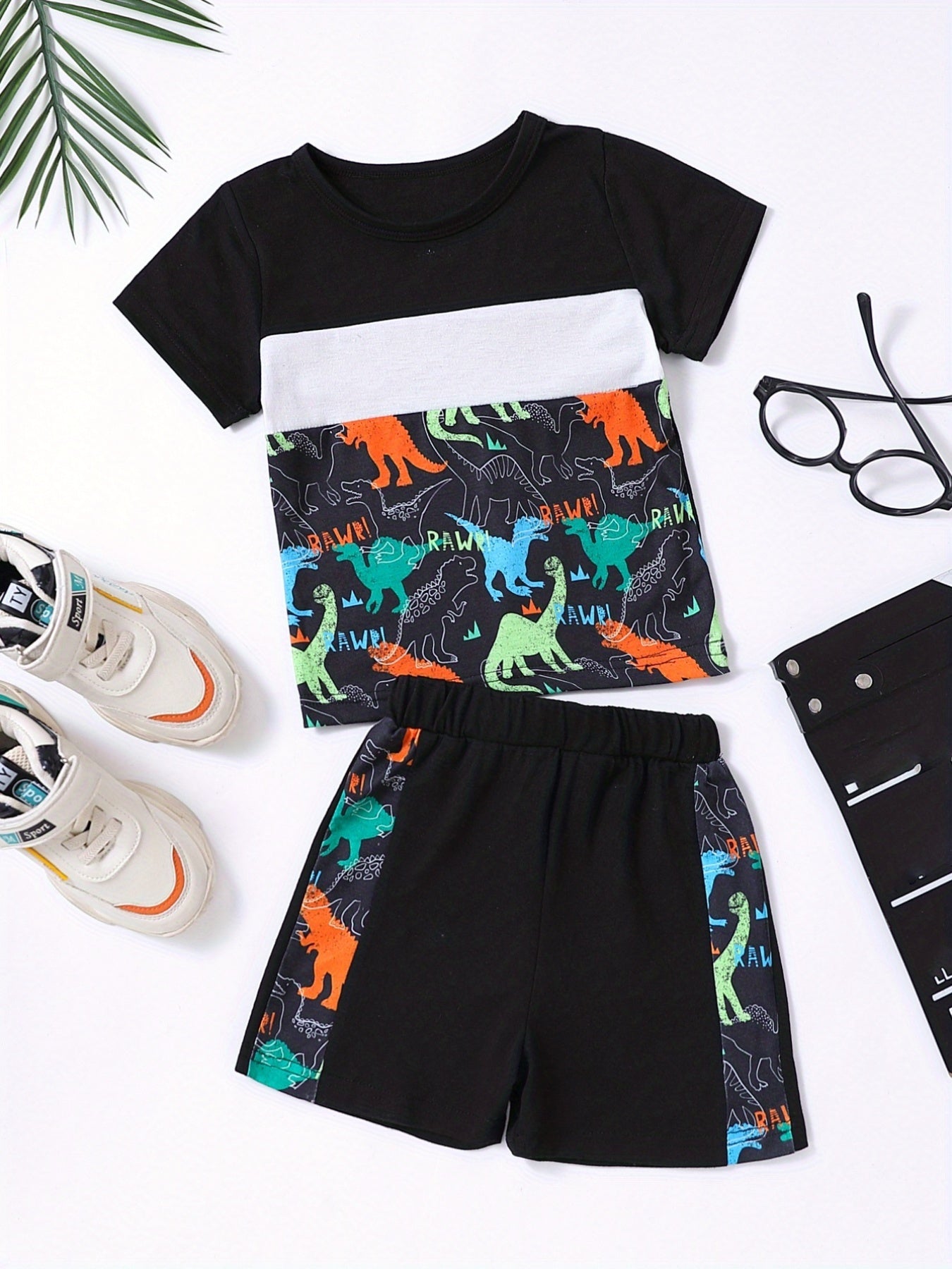 Toddler Boys Letter Dinosaur Print Tee Track Shorts Set