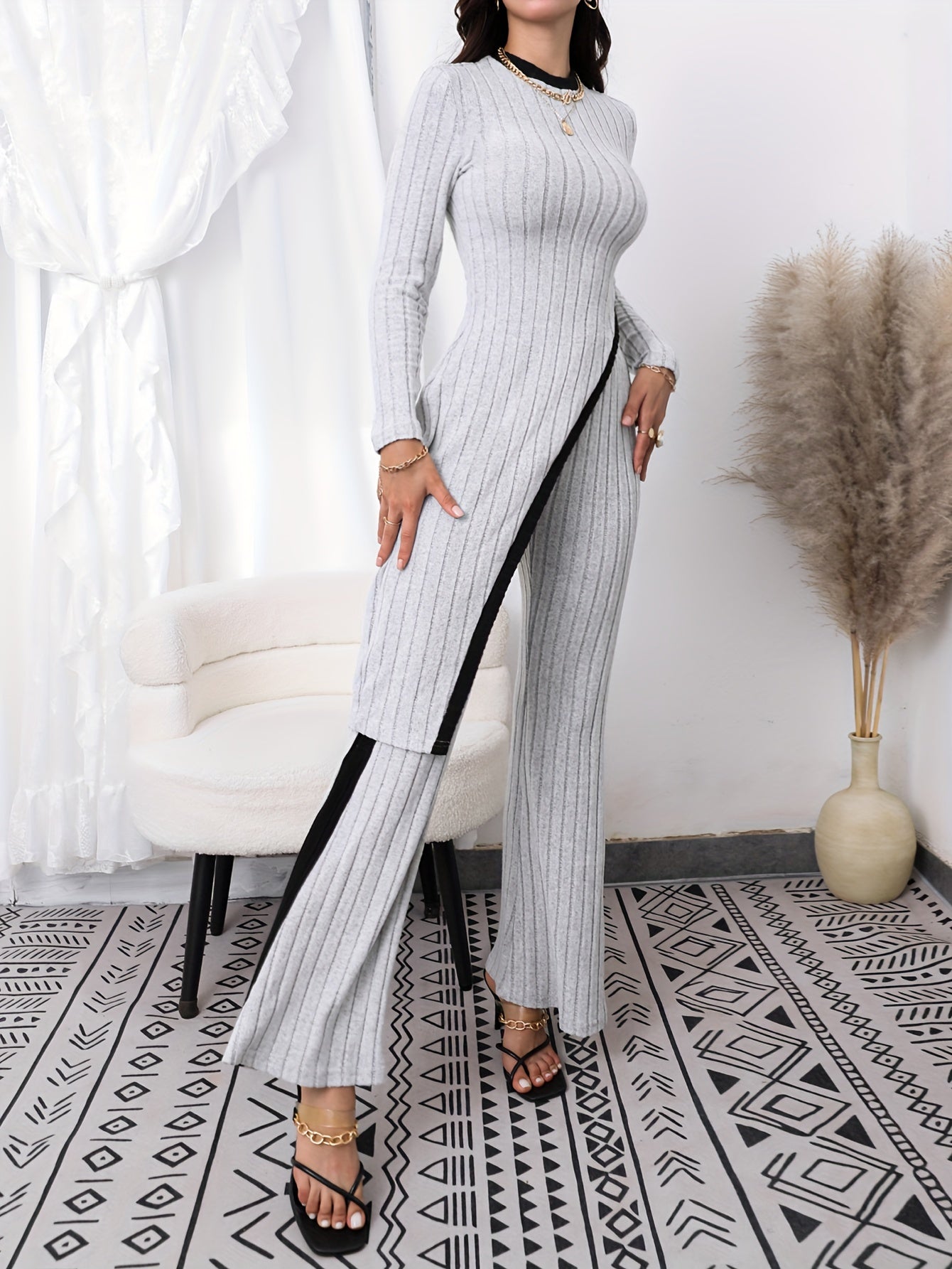 Casual Two Piece Set: Mock Neck Top & Flare Leg Pants