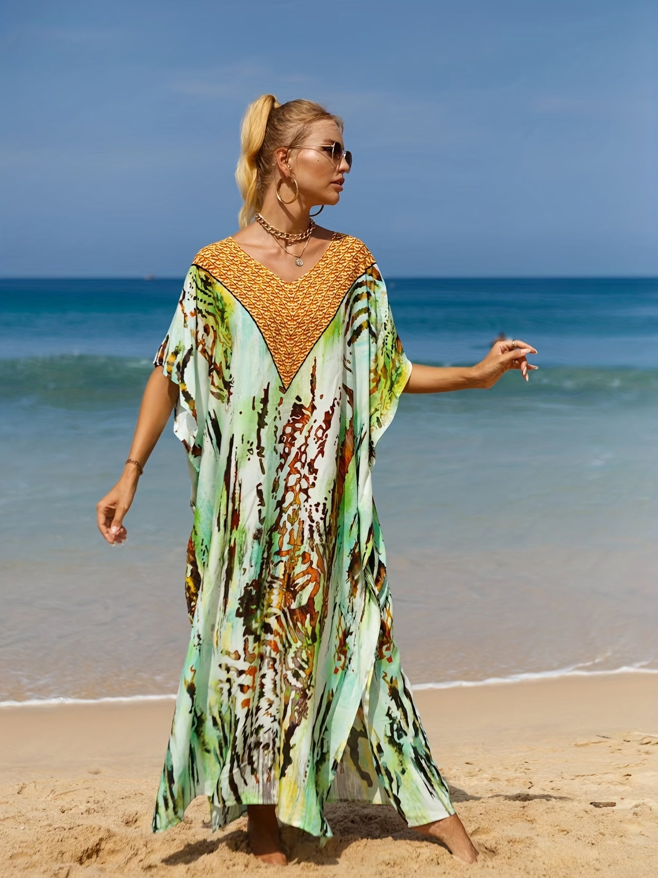 Boho Cover Up Women's Plus Tropical Print Bat Sleeve V Neck