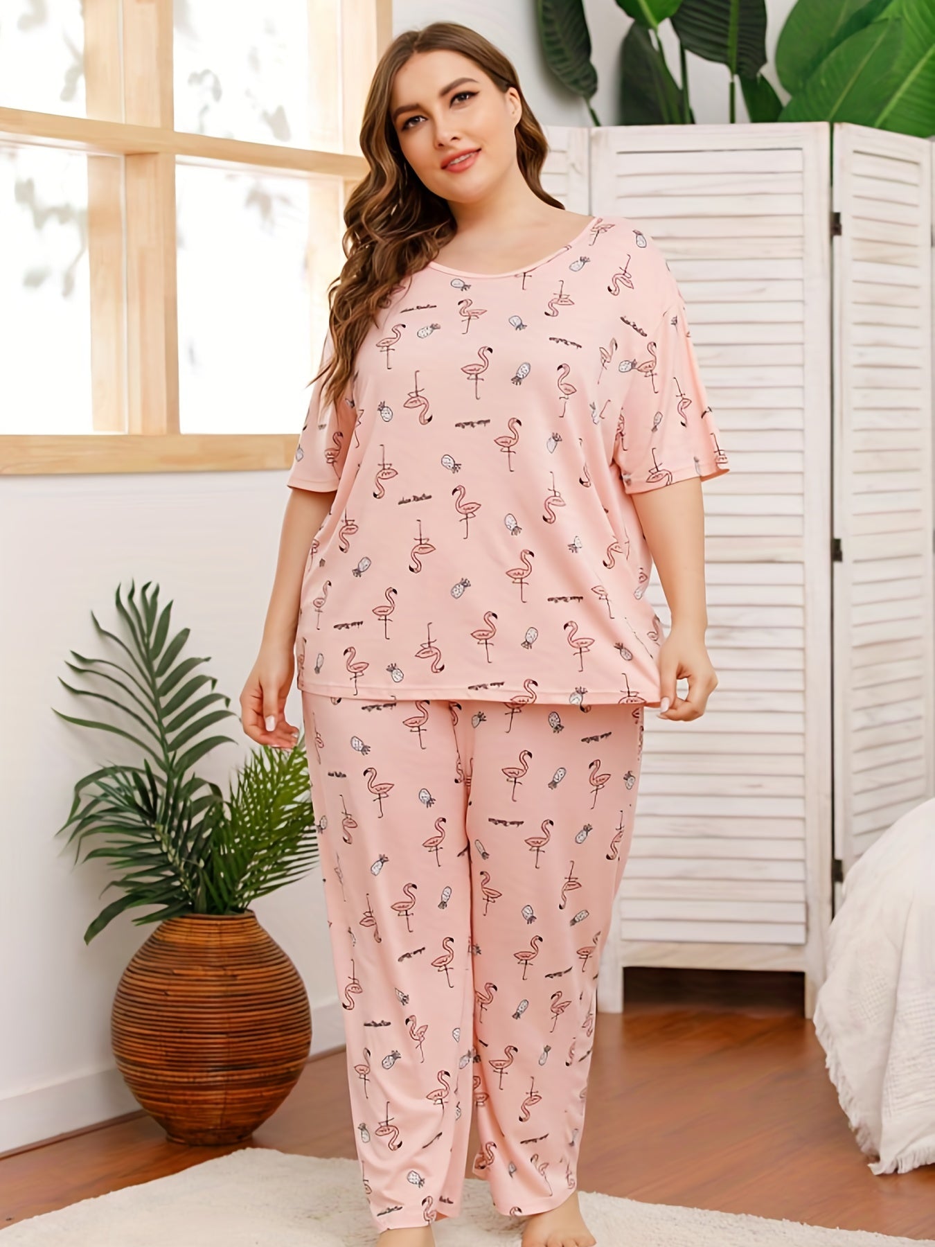 Flamingo Print Pajama Set Short Sleeve Top & Pants Two Piece Set