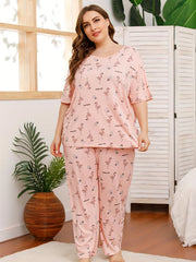 Flamingo Print Pajama Set Short Sleeve Top & Pants Two Piece Set