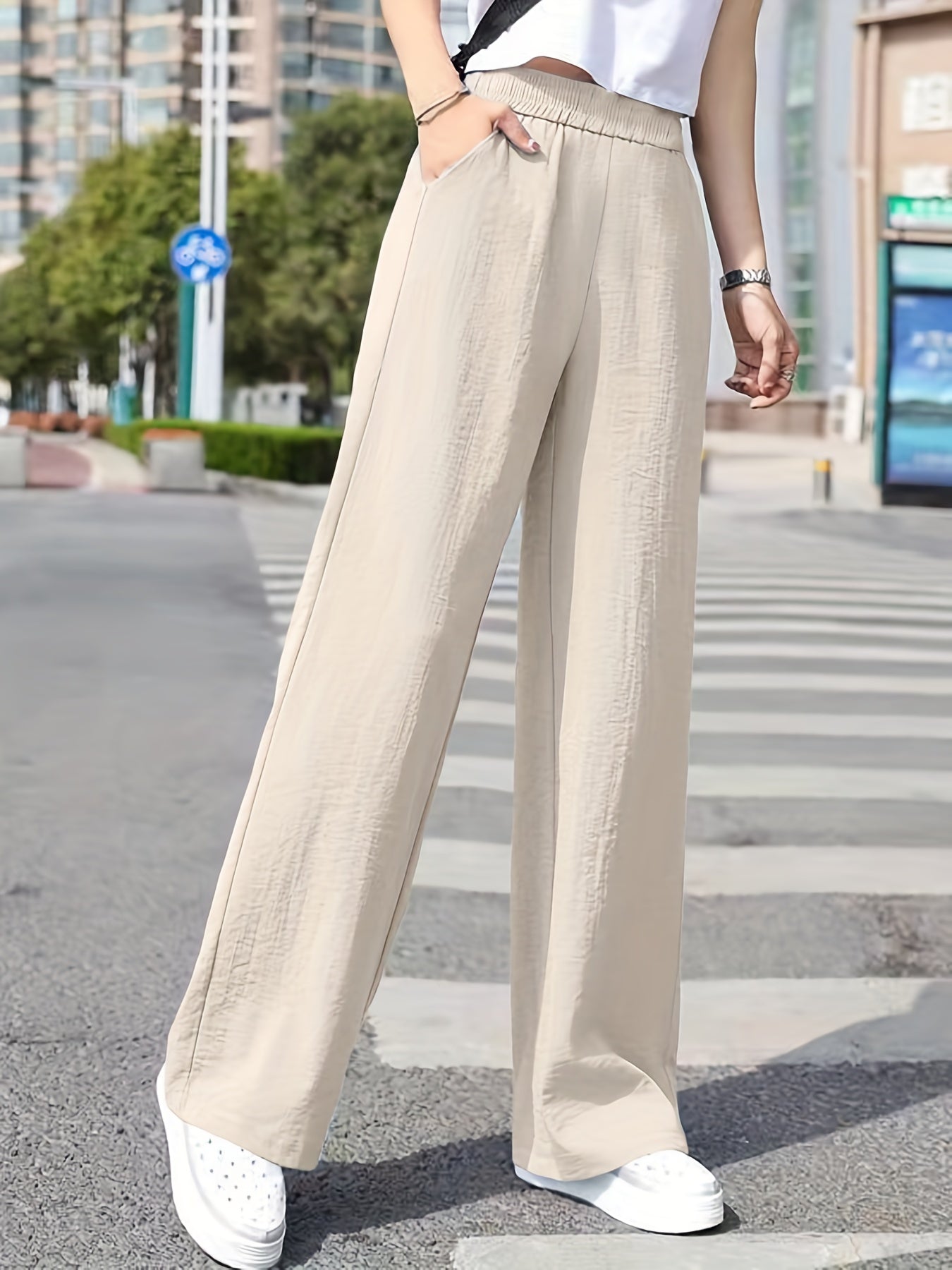 Wide Leg Pants Casual Elastic Waist Long Length Women's Clothing