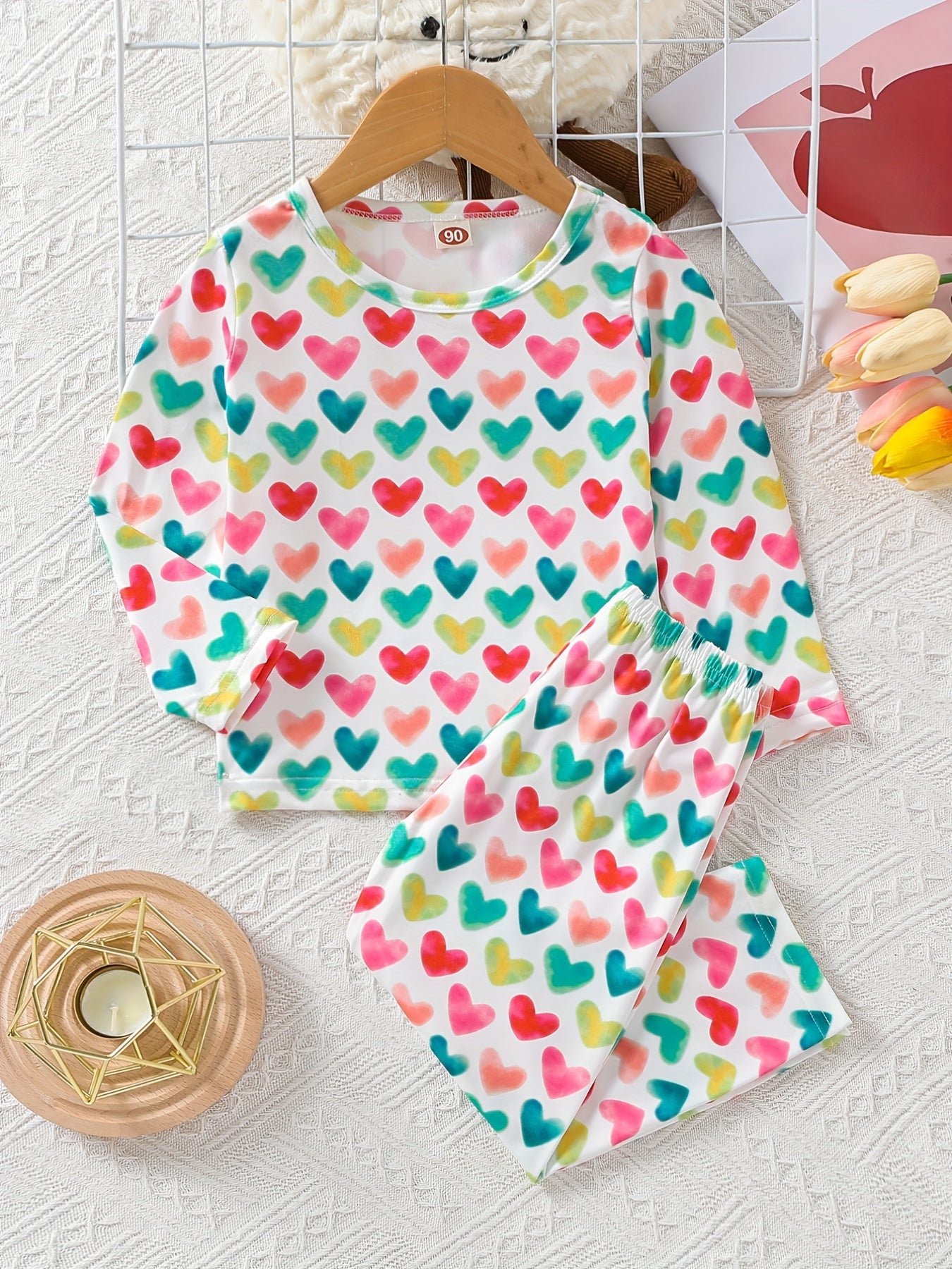 Girl's 2pcs Heart Print Pajama Set Long Sleeve Top & Pants