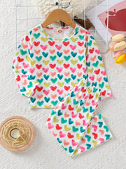 Girl's 2pcs Heart Print Pajama Set Long Sleeve Top & Pants