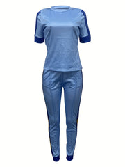 Casual Two piece Set Crew Neck Short Sleeve Tops & Pockets Pants Outfits