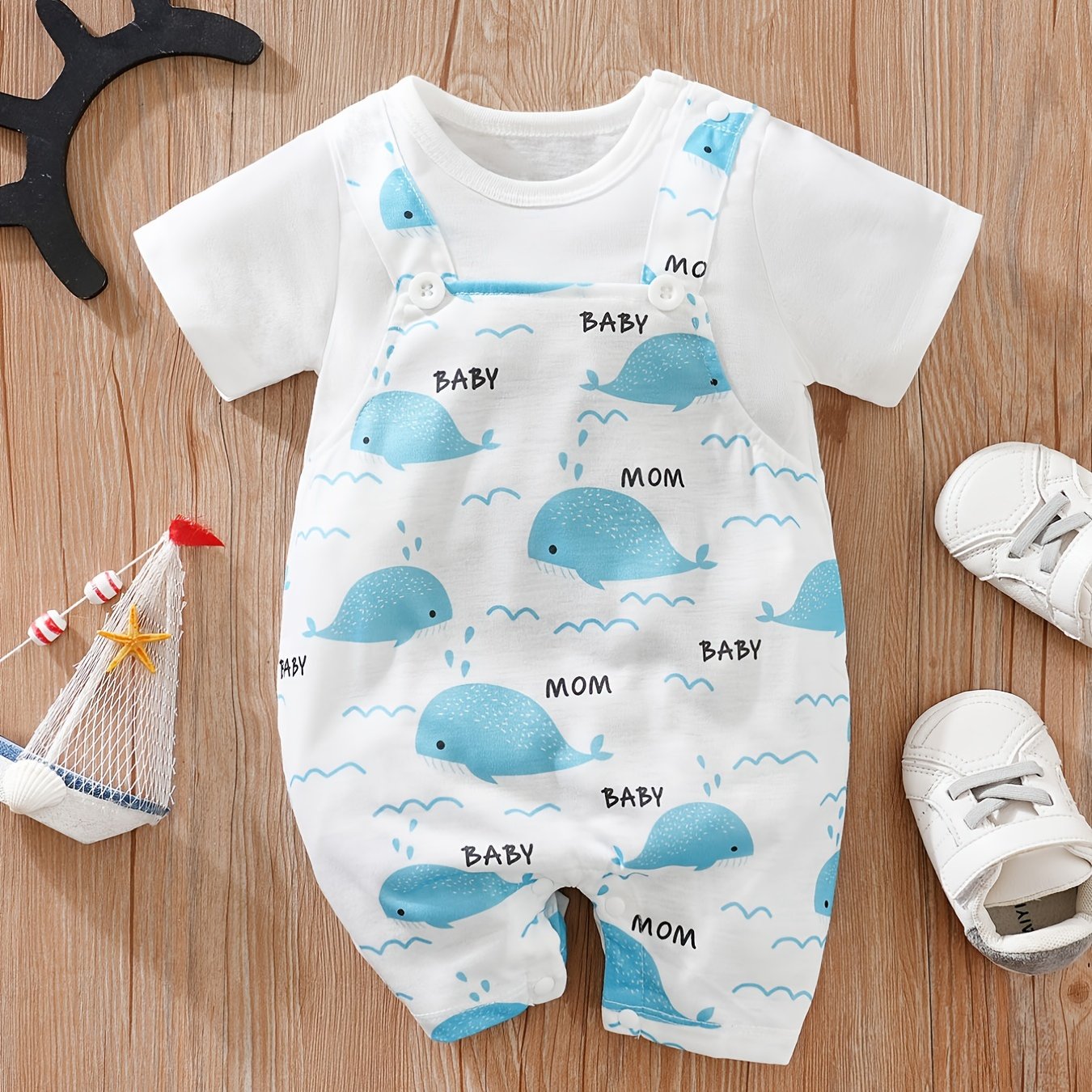 Infant Whale Print Romper Short Sleeve Jumpsuit