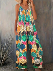 Sexy Geometric & Leopard Print V Neck Wide Leg Jumpsuit