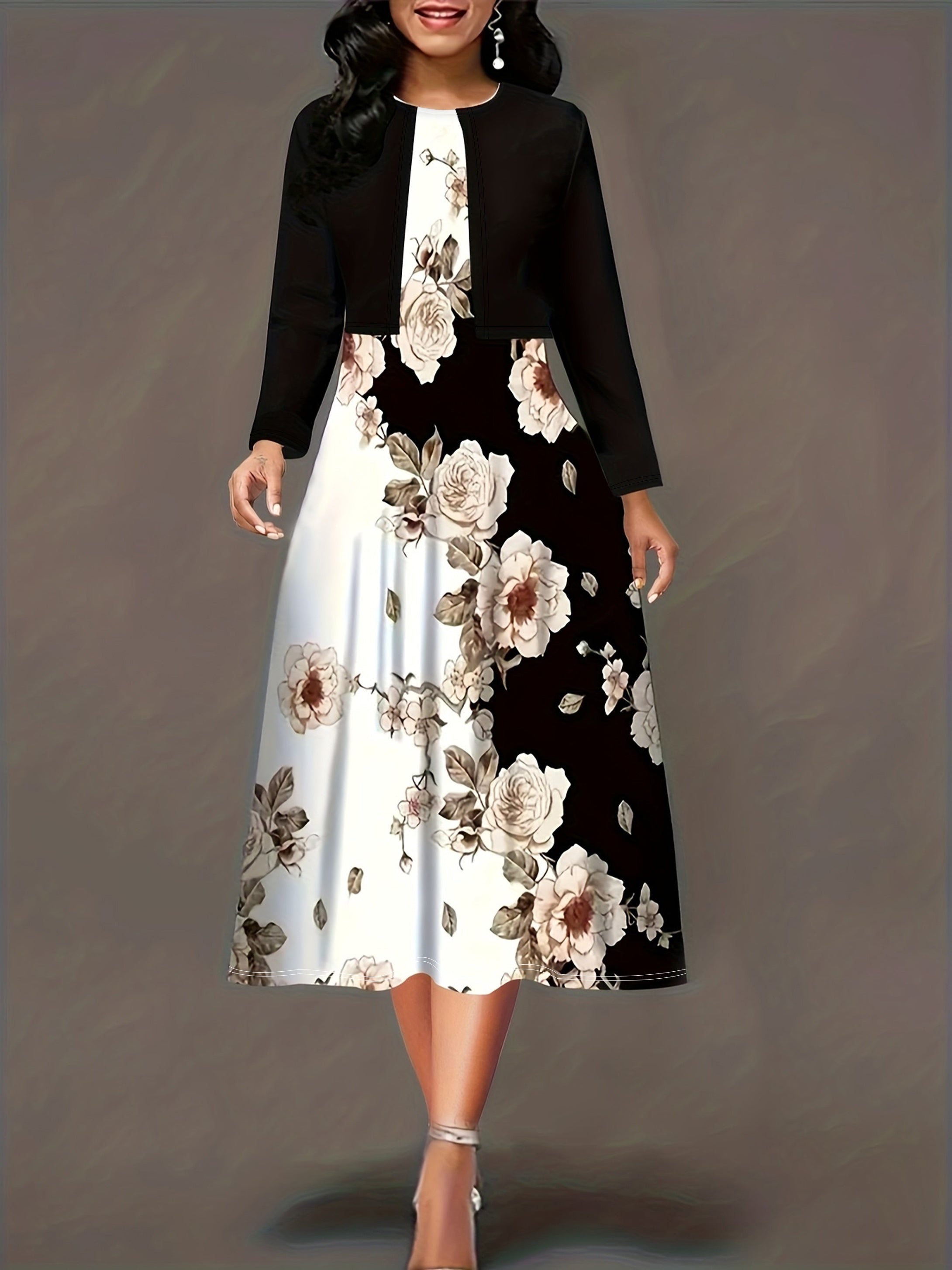 Colorblock Floral Print Dress & Cardigan Set