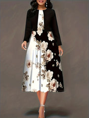 Colorblock Floral Print Dress & Cardigan Set