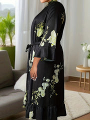 Satin Floral Nightgown with Ruffle Trim